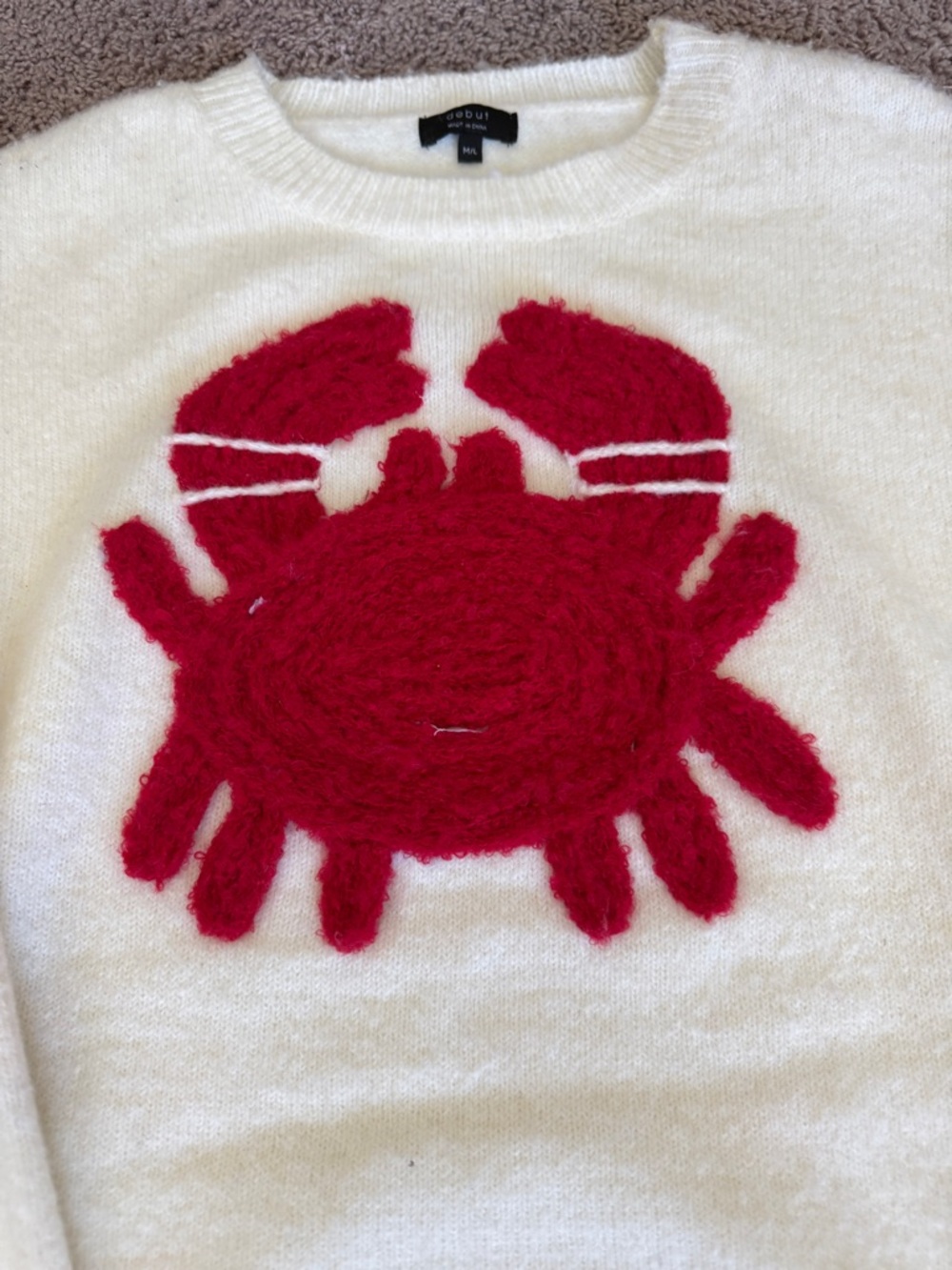 debut Cream Crewneck Sweater with Red Crab Graphic - Picture 3 of 8